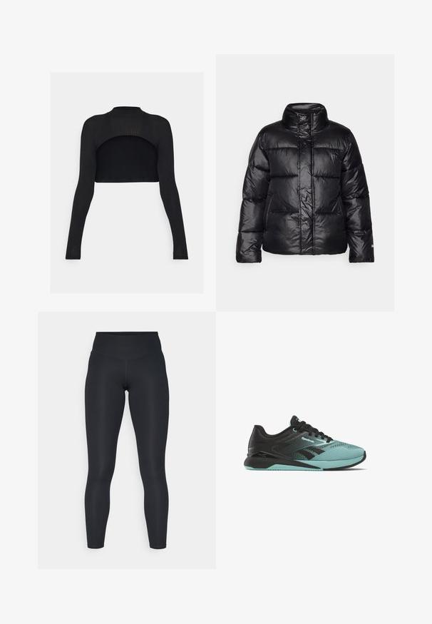 Musta puffatakki, jossa on korkea kaulus, tikattu muotoilu, kiiltävä pinta ja hieman lyhyt siluetti. Varustettuna pitkillä hihoilla ja edessä vetoketjulla.; Musta ribattu crop-top, jossa on pitkät hihat, korkea kaula-aukko ja avoin selkäosa. Sujuva pinta ja tiukka silhuetti.; Mustat legginsit, jotka on valmistettu venyvästä kankaasta. Niissä on korkea vyötärö, sileä pinta ja vartalonmyötäinen istuvuus. Ei näkyviä kuvioita tai metalliosia.; Mustat ja mintunvihreät urheilukengät, joissa on verkkopaneeli, tekstuurit yksityiskohdat, litteät nauhat ja kumipohja; siinä on brändäys sivuilla ja kielessä.