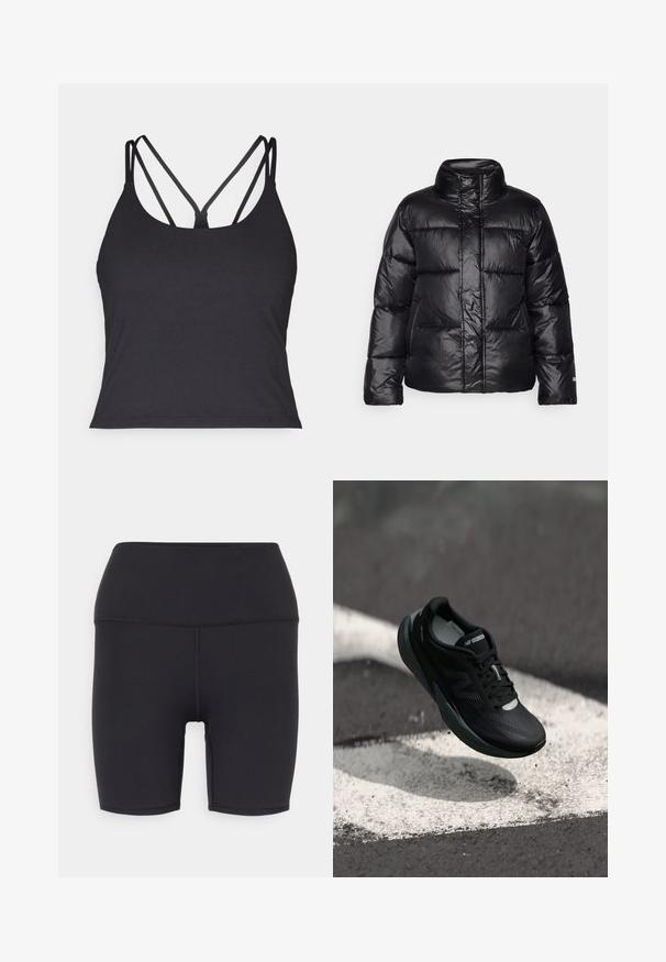 Čierna puffer bunda s vysokým golierom, prešívaným dizajnom, lesklým povrchom a mierne skráteným strihom. Má dlhé rukávy a predný zips.; Čierny top bez rukávov so tenkými ramienkami a krížovým dizajnom na chrbte. Vyrobený z mäkkého, elastického materiálu s priliehavým strihom.; Čierne atletické šortky vyrobené z elastického materiálu, so širokým pásom, hladkou textúrou a bez viditeľných vzorov alebo kovania.; Čierne bežecké topánky s textúrovaným zvrškom, štíhlym dizajnom a reflexnými detailmi. Obsahujú mäkkú, odpruženú podrážku pre maximálne pohodlie.
