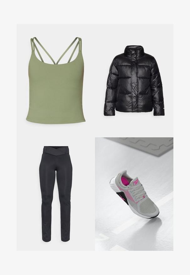 Melnā pūkains jaciņa ar augstu apkakli, quilted dizainu, spīdīgu apdari un nedaudz īsu siluetu. Raksturo garas piedurknes un priekšējais rāvējslēdzējs.; Olivza zaļa bezmugura ar pieguļošu dizainu, kas aprīkota ar plānām regulējamām siksnām un gludu, stiepjamu tekstūru. Minimalistisks stils bez rakstiem.; Augstās jostas melnas sportiskās leginses ar krustveida jostasvīru un bezšuvju šauru piegriezumu, kas paredzētas vingrošanai vai ikdienas valkāšanai.; Pelēki un rozā Reebok sporta kedas ar sieta augšdaļu un detalizētu zoli, novietotas uz atstarojošas baltas virsmas.