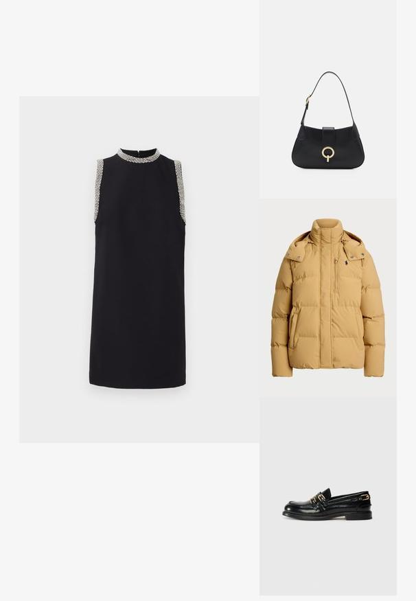 Żółta kurtka puchowa z wysokim kołnierzem, zapięciami na napy na ramionach, kieszenią na zamek z przodu oraz pikowaną teksturą dla dodatkowej izolacji.; Czarna sukienka bez rękawów z wysokim dekoltem, zdobiona koralikowymi akcentami na ramionach. Gładki materiał o prostym kroju.; Czarne skórzane mokasyny o błyszczącej powierzchni, z dwiema złotymi klamrami i niskim obcasem. Gładka tekstura z zaokrąglonym noskiem.; Czarna skórzana torebka o zaokrąglonym kształcie, z krótkim paskiem, centralnym złotym wykończeniem i gładką fakturą. Brak widocznych wzorów czy akcentów.