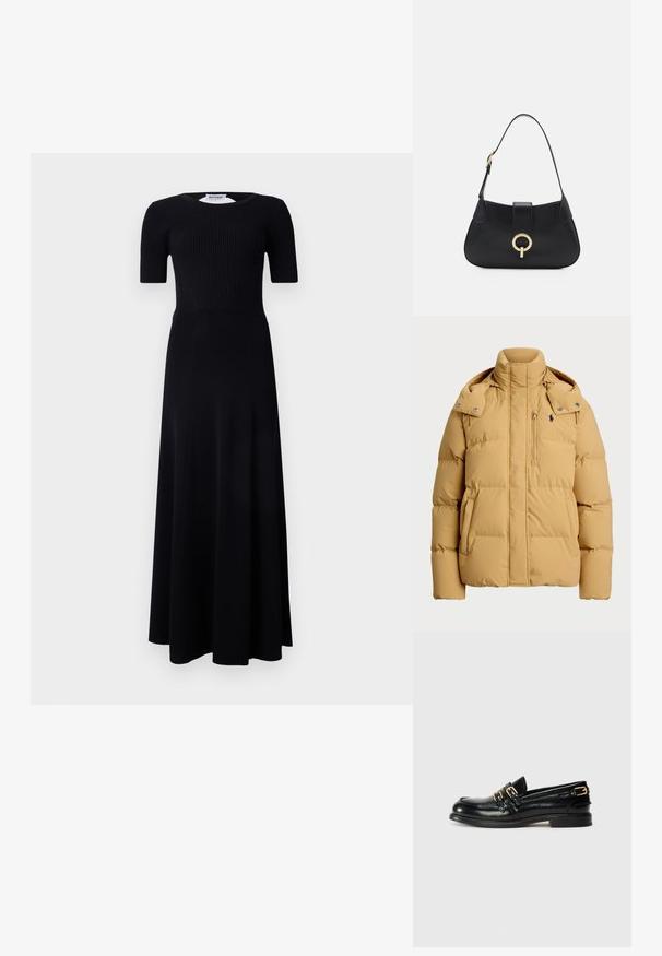 Geltona pūkinė striukė su aukštu apykakle, spaudžių sagčių pleistrai ant pečių, priekinis užtrauktukas kišenėje ir dygsniuotas paviršius izoliacijai.; Juodas maksimalus suknelė su raukšlėtu bodiu, trumpomis rankovėmis ir plazdančiu sijonu. Pagaminta iš lygaus audinio su vienoda spalva visame paviršiuje.; Juodos odinės loafer tipo bateliai su blizgiu paviršiumi, turi du auksinius užsegimus ir žemą kulną. Lygus paviršius su suapvalintu pirštu.; Juoda odinė rankinė su kreiva siluetu, trumpa rankena, centriniu auksinės spalvos apdailos elementu ir lygiomis tekstūromis. Nėra matomų raštų ar akcentų.