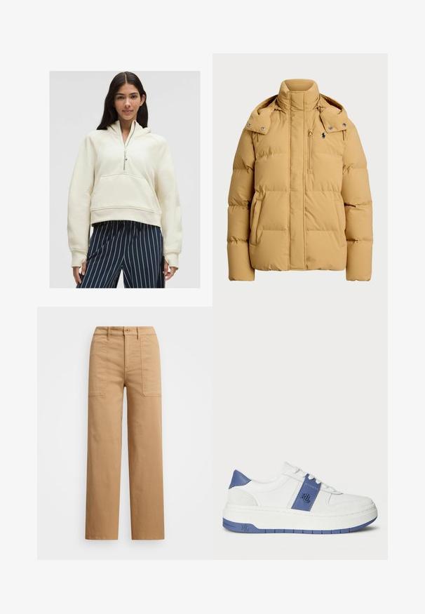 Rumena puffer jakna z visokim ovratnikom, gumbi na ramenskem delu, sprednji žep na zadrgo in prešita tekstura za izolacijo.; Kremna zip-up kapuca s kengurskim žepom, rebrastim rukavima i opuštenim krojem, u kombinaciji s plavim i bijelim prugastim hlačama.; Bež ženske bombažne hlače s straight fit krojem, z gumbom za zapiranje, sprednjimi žepi in vidnimi šivi.; Bele teneške z modrimi detajli, ki imajo gladko usnjeno zgornjico, teksturirano stransko ploščo in debel bel podplat z modrimi detajli.