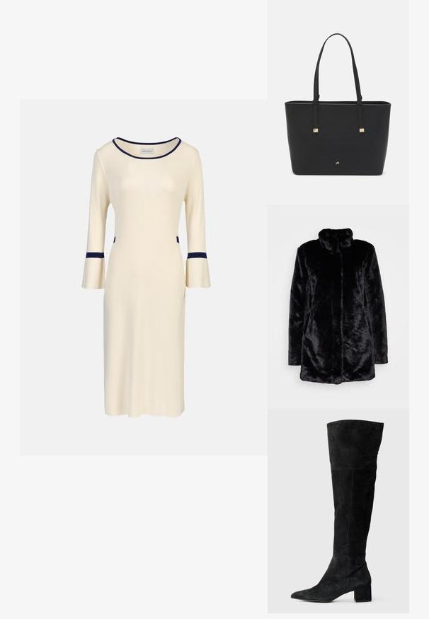 Svart lavendelfuru frakk med høy krage, myk tekstur, lange ermer og åpen frontdesign. Ingen synlige lukking.; Kremfarget strikket kjole med trekvart bell-ermer, med marineblå detaljer ved halsen og ermene, samt sidelommer. Enkel, tettsittende design.; Svarte overknee-støvler i semsket skinn med spiss tå og klosshelle. Jevn tekstur med sidesøm og tettsittende design.; Svart totebag laget av syntetisk materiale, med et enkelt rektangulært design, gullfargede firkantede detaljer og doble håndtak.