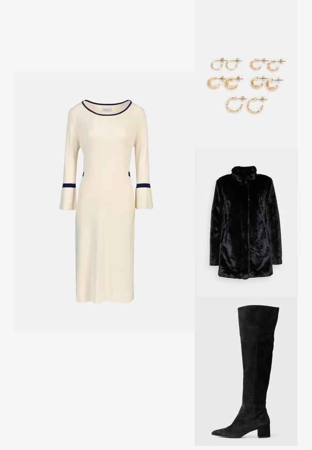 Sorte imiteret pelsfrakke med høj krave, blød tekstur, lange ærmer og åben frontdesign. Ingen synlige lukninger.; Kremfarvet strikket kjole med trekvart lange ærmer med klokkeform, prydet med marineblå detaljer ved halsudskæringen og manchetterne samt sidelommer. Enkel, tætsiddende design.; Sorte over-knæ støvler lavet af ruskind, med spids tå og blokhæl. Glat tekstur med lodrette sømdetaljer.; Sæt af gyldne øreringe, der indeholder forskellige former: små hoops, chunky halvmåner og kæde-accenter. Glatte og teksturerede overflader.