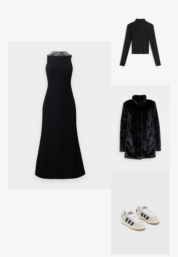 Caban din blană sintetică neagră, cu guler înalt, textură moale, mâneci lungi și un design deschis. Fără închideri vizibile.; Pulover negru, cu guler înalt, cu mâneci lungi și design scurt. Textură moale și siluetă care se mulează pe corp.; Rochie neagră fără mâneci, cu un corset ajustat și o fustă evazată. Decolteul este decorat cu un model texturat argintiu.; Adidași din suede gri cu șireți albi, dungi negre și talpă din cauciuc alb. Prezintă un logo circular pe limbă și o talpă din cauciuc.