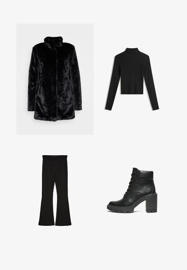 Czarny płaszcz z futra sztucznego z wysokim kołnierzem, miękką teksturą, długimi rękawami i otwartym przodem. Brak widocznych zapięć.; Czarny, prążkowany sweter z golfem, z długimi rękawami i skróconym krojem. Miękka faktura i dopasowany fason.; Czarne legginsy w stylu dzwonów wykonane z elastycznej tkaniny. Posiadają szeroki pas i gładką teksturę, z dopasowanym krojem, który rozszerza się ku dołowi.; Czarne skórzane botki za kostkę z masywnym obcasem, sznurowanym wzorem i teksturowaną gumową podeszwą; posiadają małe wytłoczone logo z boku.
