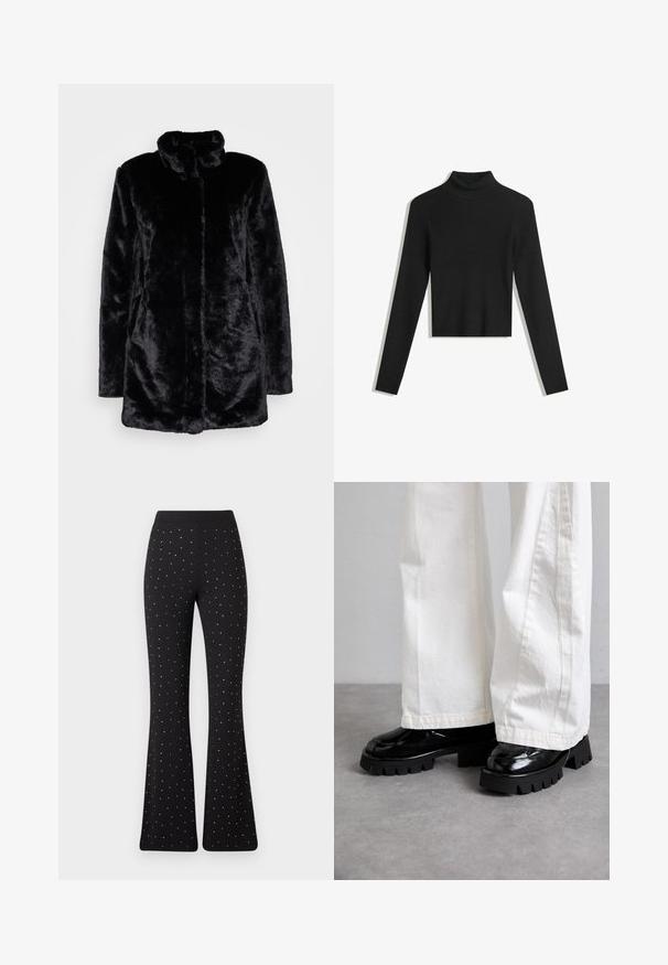 Black faux fur coat with a high collar, soft texture, long sleeves, and an open front design. No visible fastenings.; Black, ribbed turtleneck sweater with long sleeves and a cropped design. Soft texture and form-fitting silhouette.; Black flared pants with evenly spaced small white dots and a plain waistband against a white background.; Black chunky-soled shoes with a glossy finish, paired with white wide-leg pants. Notable thick tread and smooth texture on shoes.