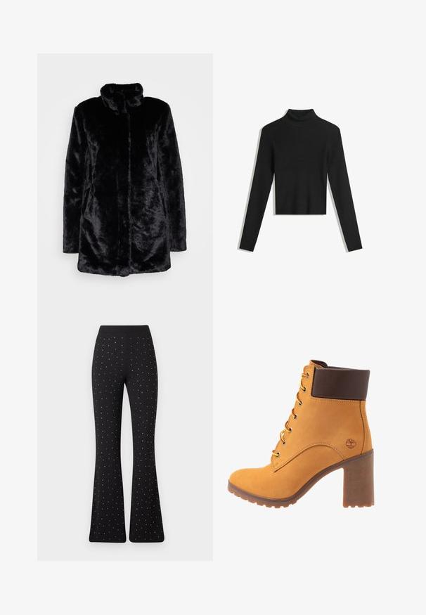 Cappotto in pelliccia sintetica nera con un colletto alto, morbida texture, maniche lunghe e design aperto. Nessun serraggio visibile.; Maglione nero a collo alto a coste con maniche lunghe e design corto. Tessuto morbido e silhouette aderente.; Pantaloni neri a zampa d'elefante con piccoli pois bianchi distribuiti uniformemente e una vita semplice su uno sfondo bianco.; Stivaletto alla caviglia in suede beige con colletto in pelle marrone, lacci gialli e rossi, e tacco grosso marrone. Presenta un logo ad albero sul lato.