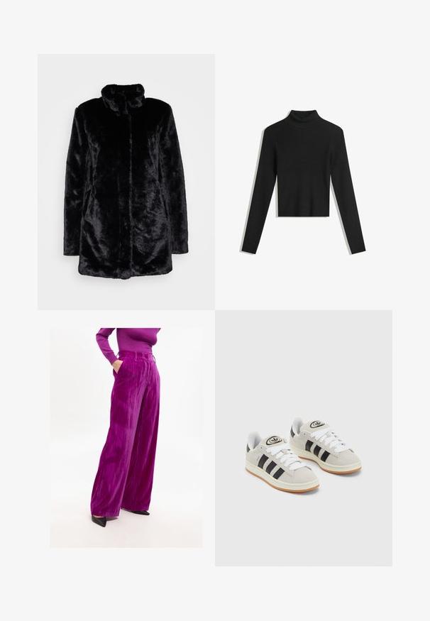 Czarny płaszcz z futra sztucznego z wysokim kołnierzem, miękką teksturą, długimi rękawami i otwartym przodem. Brak widocznych zapięć.; Czarny, prążkowany sweter z golfem, z długimi rękawami i skróconym krojem. Miękka faktura i dopasowany fason.; Jasnofioletowe spodnie o szerokich nogawkach wykonane z teksturowanej tkaniny, z wysokim pasem i bocznymi kieszeniami, połączone z czarnymi, szpiczastymi butami.; Szare zamszowe trampki z białymi sznurówkami, czarnymi paskami i białą gumową podeszwą. Posiadają okrągłe logo na języku oraz gumową podeszwę.