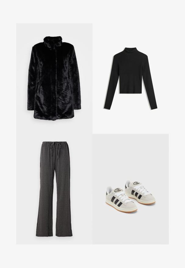 Schwarzer Kunstfellmantel mit hohem Kragen, weichem Bezug, langen Ärmeln und offenen Vorderteil. Keine sichtbaren Verschlüsse.; Schwarzer, gerippter Rollkragenpullover mit langen Ärmeln und cropped Design. Weiche Textur und figurbetonte Silhouette.; Gestreifte Schlafanzughose in Schwarz und Weiß, mit einem Kordelzugbund, weitem Bein und einem weichen, strukturierten Stoff mit vertikalen Linien.; Graue Wildledersneaker mit weißen Schnürsenkeln, schwarzen Streifen und einer weißen Gummisohle. Merkmale sind ein kreisförmiges Logo auf der Zunge und eine Gummisohle.