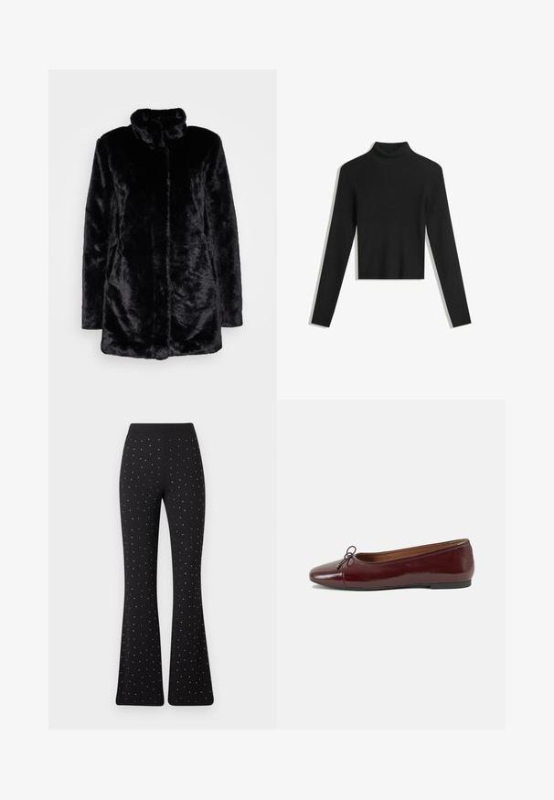 Sorte imiteret pelsfrakke med høj krave, blød tekstur, lange ærmer og åben frontdesign. Ingen synlige lukninger.; Sort, ribbet turtleneck sweater med lange ærmer og en cropped design. Blød tekstur og tætsiddende silhuet.; Svart flagrende bukser med jævnt fordelte små hvide prikker og en simpel talje mod en hvid baggrund.; Bordeaux patentlæder balletflad med rund tå, lille sløjfeaccent foran og en lav, sort gummisål. Glat tekstur.