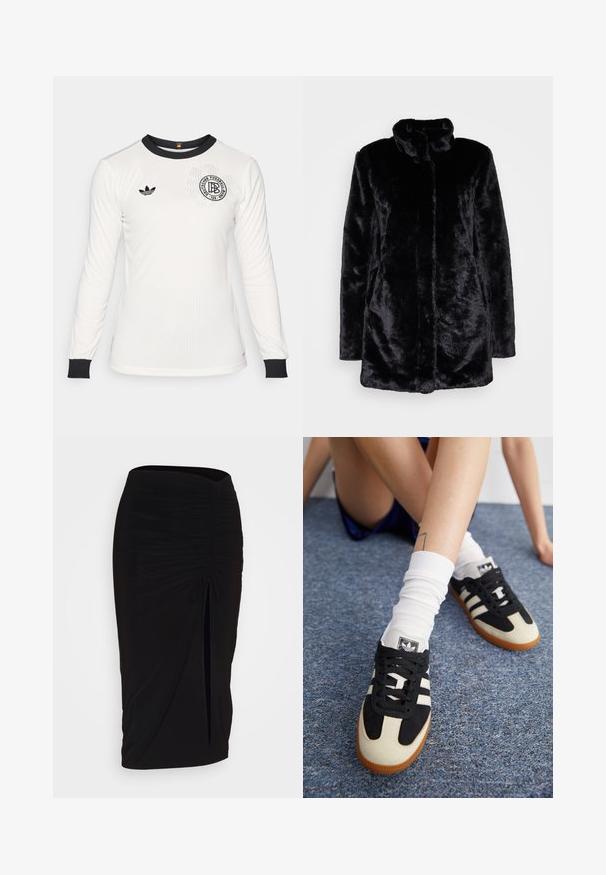 Casaco de pêlo sintético preto com colarinho alto, textura suave, mangas longas e um design de frente aberta. Sem fechos visíveis.; Camisola de futebol de manga longa branca com textura canelada, gola e punhos pretos, apresentando um logotipo preto com texto e um emblema da adidas no peito.; Saia lápis preta, franzida, com detalhe de laço e uma fenda lateral. Feita de um tecido elástico, apresenta uma textura suave e um design justo ao corpo.; Tênis atléticos em preto e branco com parte superior em camurça e couro, apresentando três riscas brancas e sola de borracha. Par usado com meias brancas.