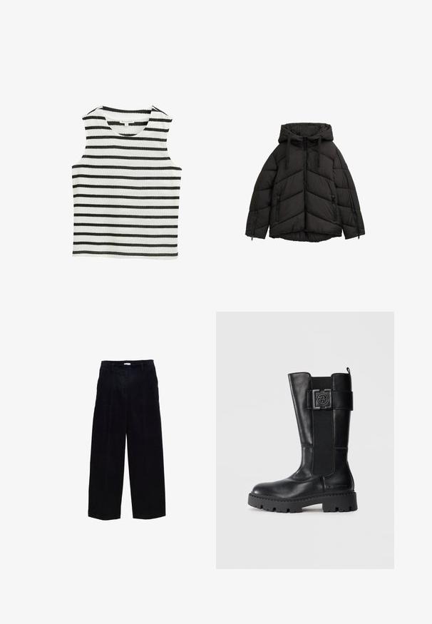 Schwarze Daunenjacke mit Kapuze, ausgestattet mit einem Reißverschluss vorne, zwei seitlichen Reißverschlusstaschen und einem Zickzack-Steppmuster. Hergestellt aus leichtem Material.; Ärmelloses Top in schwarz-weißem Streifenmuster, gefertigt aus weichem Stoff. Verfügt über einen runden Halsausschnitt und einen geraden Saum.; Navyblaue Cordhosen mit weitem Bein, geradem Schnitt, vorderen Falten und subtiler Textur. Mit Gürtelschlaufen und Metallreißverschluss.; Schwarze kniehohe Stiefel aus glattem Leder, mit einem Gürteldesign-Akzent, elastischen Seitenpaneelen und einer robusten Sohle mit tiefen Profilen.