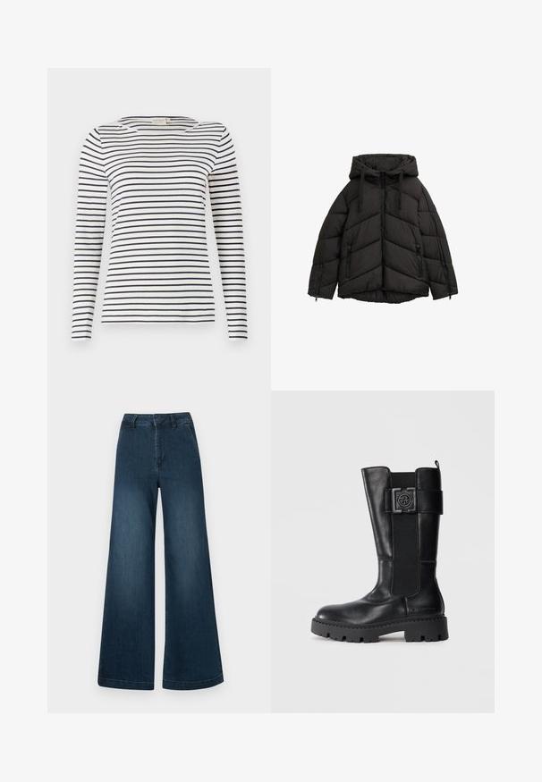 Crna puffer jakna s kapuljačom, sa prednjim zatvaračem, dva bočna kompresijska džepa i chevron kupljenim uzorkom. Izrađena od laganog materijala.; Dugga košulja dugih rukava od mekog materijala, s mornarsko plavim i bijelim horizontalnim prugama, okruglim izrezom i uskim krojem.; Tamno plave traperice visoki struk širokih nogavica s prednjim džepovima i petljama za remen na bijeloj pozadini.; Crne čizme do koljena izrađene od glatke kože, s naglaskom na dizajn s remenom, elastičnom bočnom pločom i čvrstim potplatom s dubokim utorima.