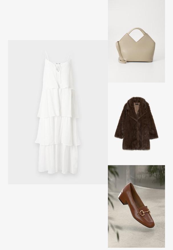 Palton din blană artificială de culoare maro, cu guler larg, mâneci lungi și deschidere frontală. Prezintă o suprafață moale, texturată și o căptușeală interioară netedă.; Rochie albă, în straturi, realizată dintr-un material texturat, având bretele subțiri și un detaliu cu fundă la decolteu.; Mocasini din piele patent cafenie, cu vârf pătrat, accent cu lanț metalic și toc mic; textură netedă, design minimalist.; Geantă structurată bej cu un vârf în formă de V, din material din piele netedă, cu mânere scurte și o curea lungă, ajustabilă. Design minimalist.