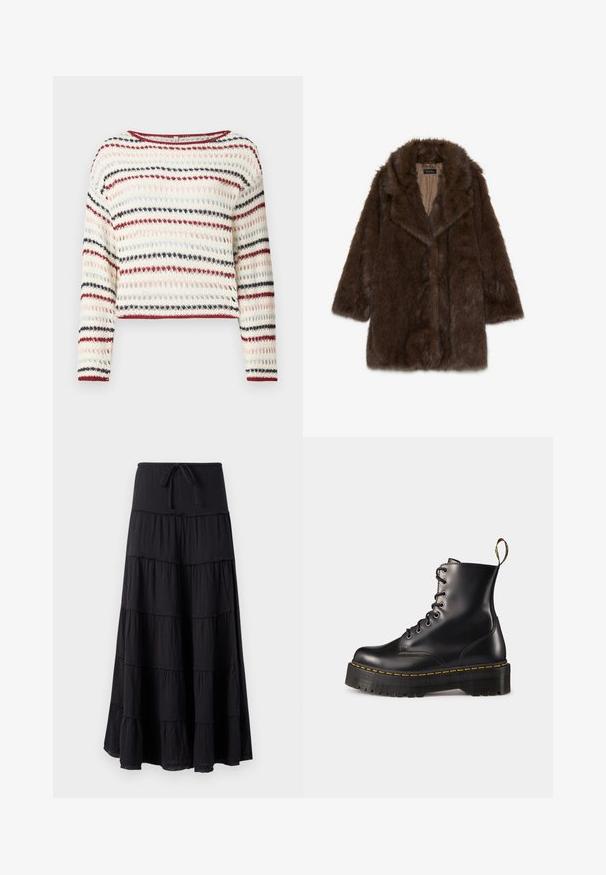 Abrigo de piel sintética marrón con un amplio cuello, mangas largas y abertura frontal. Presenta una superficie suave y texturizada y un forro interior liso.; Suéter de ganchillo con mangas largas y escote redondo; presenta rayas alternas en crema, rojo, marino y rosa claro; patrón texturizado.; Falda maxi negra con diseño en capas y cintura ajustable, que presenta un diseño fluido y una tela texturizada.; Botas de tobillo negras de cuero con cordones, con una suela negra gruesa y costuras amarillas. Presentan una lengüeta en la parte trasera y ojales metálicos circulares.