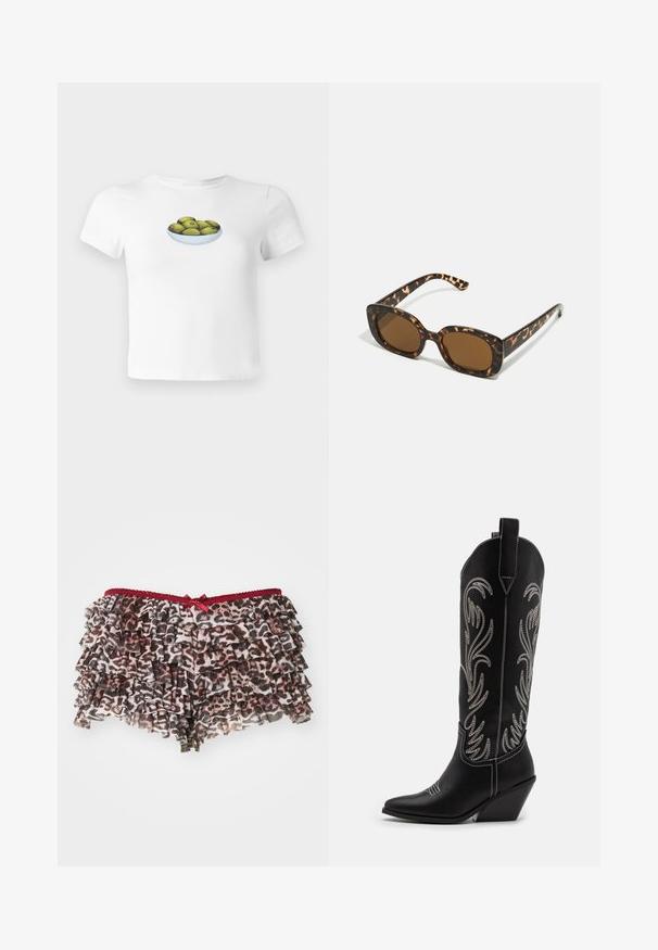 Καφέ ψεύτικο γούνινο παλτό με φαρδύ γιακά, μακριά μανίκια και ανοιχτό μπροστινό μέρος. Διαθέτει μαλακή, υφασμάτινη επιφάνεια και λείο εσωτερικό φόρεμα.; Λευκό κοντομάνικο μπλουζάκι με γραφικό τύπωμα ενός μπολ με πράσινες ελιές στο μπροστινό μέρος. Απλός, casual σχεδιασμός και υλικό από βαμβάκι.; Λουλουδάτα σορτσάκια με σχέδιο λεοπάρ, με στρώσεις ρίγες, χαρακτηρισμένα από μία κόκκινη δαντελένια ζώνη και μία μικρή φιόγκο μπροστά.; Μαύρες δερμάτινες καουμπόικες μπότες με μυτερούς δείκτες, πέλματα τύπου wedge και ασημένια κεντημένα λουλούδια κατά μήκος του κορμού. Αντίθετη ραφή παντού.; Γυαλιά ηλίου από καβουρδισμένο κέλυφος με στρογγυλό, χοντρό σκελετό και καφέ φακούς. Διαθέτουν διακριτά σχέδια και ευθείες, κομμένες βραχίονες.; Μαύρη δερμάτινη τσάντα χειρός με καμπύλο σχεδιασμό, που διαθέτει ασημένιους στρόφους, κούμπωμα και δύο πλευρικές τσέπες. Ρυθμιζόμενος ιμάντας για επιλογές μεταφοράς.