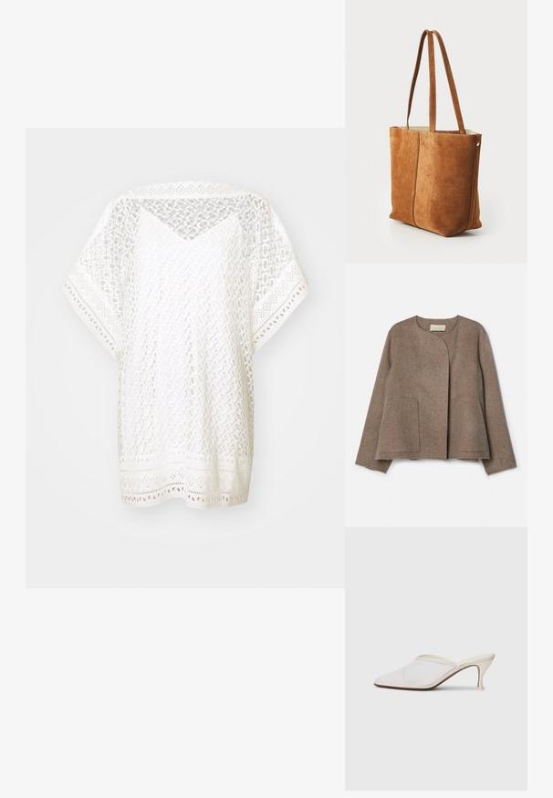 Vanessa Bruno CHANN - Nyári dzseki - taupe; Fehér, laza szabású, csipke-szerű anyagból készült felső, geometrikus mintákkal, rövid ujjakkal, és díszes szegéllyel, amely kivágott elemeket tartalmaz.; Fehér hálós, hegyes orrú mules cipő, vékony, középmagas sarkával és slip-on kialakításával, egyszerű háttér előtt.; Barna nubuk bőr válltáska két hosszú fogantyúval, sima textúrával és varrott részletekkel, egyszerű, letisztult kialakítással.