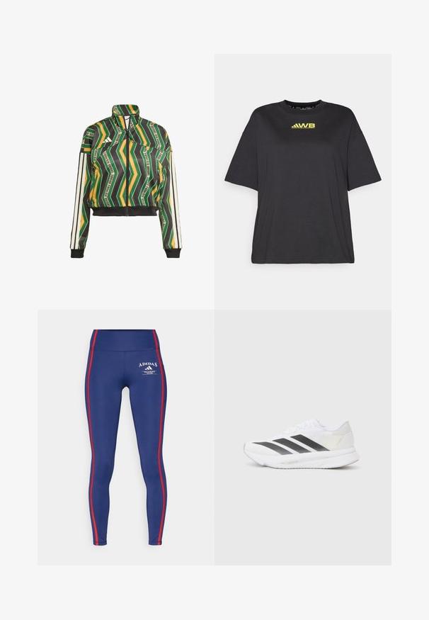 Κοντό μπουφάν με έντονο σχέδιο ζιγκ-ζαγκ σε πράσινο, κίτρινο και μαύρο. Διαθέτει ψηλό γιακά, κλείσιμο με φερμουάρ και λευκές ρίγες στα μανίκια.; Μαύρη κοντομάνικη μπλούζα φτιαγμένη από μαλακό βαμβάκι, με χαλαρή εφαρμογή, στρογγυλή λαιμόκοψη και κίτρινο λογότυπο στο στήθος.; Ναυτικά κολάν από ελαστικό υλικό, με κόκκινες πλαϊνές ρίγες και λογότυπο Adidas, σε σχέδιο ψηλής μέσης για άνεση.; Λευκό αθλητικό παπούτσι με μαύρες διαγωνιές ρίγες, άνω τμήμα από πλέγμα, στρογγυλή μύτη και υφή στο πέλμα. Σημεία έμφασης περιλαμβάνουν μια ασημένια φτέρνα και μινιμαλιστικό σχέδιο.