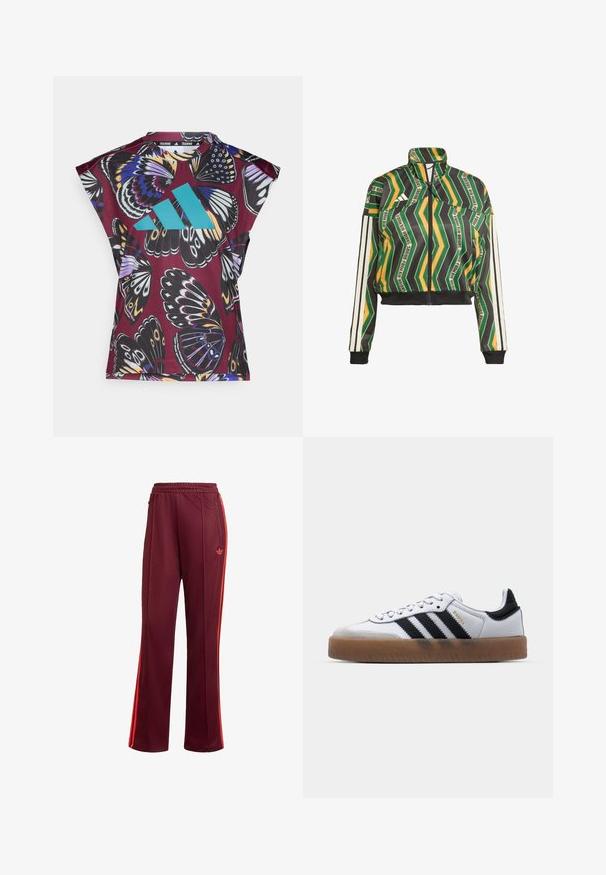 Cropped jacket with a bold chevron pattern in green, yellow, and black. Features a high collar, zip closure, and white striped sleeves.; Maroons and black short-sleeve athletic shirt featuring a butterfly print; turquoise logo detail; smooth fabric texture.; Burgundy athletic pants with an elastic waistband, side zippers, and orange stripes on the sides. Soft fabric with a straight leg design.; White leather sneakers with black stripes, gum rubber outsole, round toe, lace-up closure, and soft gray suede toe cap.