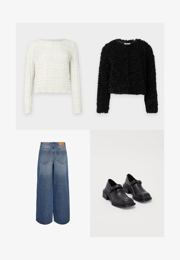 Černý zkrácený svetr vyrobený z texturované tkaniny s chlupatým povrchem. Dlouhé rukávy a kulatý výstřih, který nabízí jemný a teplý vzhled.; Bílý zkrácený svetr s dlouhými rukávy, zdobený složitými vzory ze síťoviny a zvlněným lemem. Vyrobeno z lehkého, texturovaného pleteného materiálu.; Kratší denimpantalony s širokými nohavicemi v modré barvě s vybledlým efektem, se dvěma zadními kapsami a hnědou koženou značkovou visačkou na pase.; Černé kožené boty s kulatou špičkou, plochou podrážkou a páskem s detaily s přezkou. Masivní blokový podpatek pro zvýšenou stabilitu.
