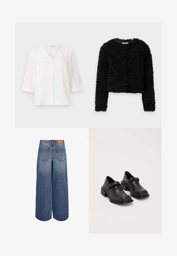 Maglione nero corto realizzato in tessuto testurizzato con una finitura pelosa. Maniche lunghe e scollatura rotonda, che offrono un aspetto morbido e caldo.; Blusa bianca con scollatura a V e sei bottoni frontali. Presenta maniche tre quarti e una vestibilità comoda. Tessuto morbido e текстurizzato.; Culotte in denim a gamba larga in un lavaggio blu medio con una texture sbiadita, dotate di due tasche posteriori e un'etichetta in pelle marrone del marchio sulla vita.; Scarpe in pelle nera con punta arrotondata, suola piatta e una cintura con dettaglio fibbia. Tacco a blocco spesso per una maggiore stabilità.