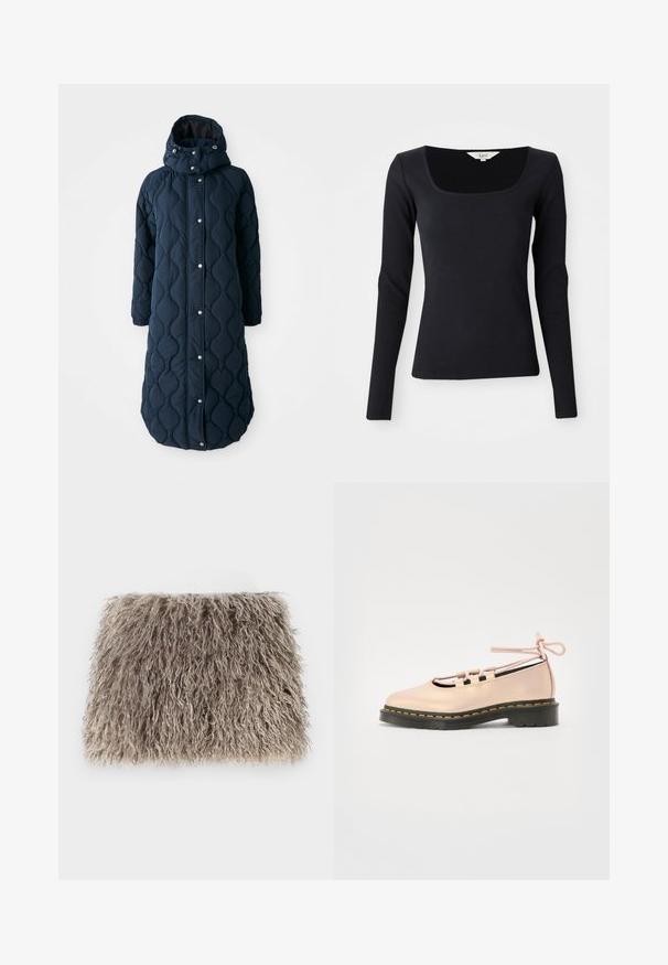 Többrétegű, sötétnavy hosszú kabát kapucnival, nyomásgombokkal, rugalmas mandzsettákkal és mintás textúrával a megnövelt melegítő hatás érdekében.; Fekete, hosszú ujjú, bordázott felső négyzet alakú kivágással, rugalmas anyagból készült, testhezálló fazonú, egyszínű, minták vagy díszítések nélkül.; Világosszürke műszőrme táska, bolyhos textúrával. Téglalap alakú, puha, hullámos szálakkal, látható fém alkatrész vagy kiegészítő nélkül.; Halvány rózsaszín bőr cipő, lekerekített orral, fűzős részletekkel és fekete platformtalpjal, melyet sárga varrás díszít.