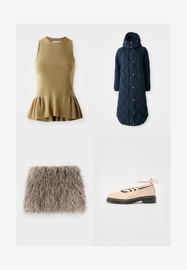 Προβαρισμένο, σκούρο ναυτικό μακρύ παλτό με κουκούλα, διαθέτοντας κουμπιά με κλιπ, ελαστικούς καρπούς και διακοσμητική υφή για επιπλέον ζεστασιά.; Αμάνικο τοπ από ελαιώδη πράσινη πλέξη, με ραβδωτή υφή, εφαρμοστό κορμό και φαρδύ παγιέτα στο κάτω μέρος.; Ψεύτικη γούνα clutch σε ανοιχτό γκρι με θηλυκή υφή. Ορθογώνιο σχήμα με μαλακές, κυματιστές ίνες και χωρίς ορατό υλικό ή διακοσμητικά στοιχεία.; Ανοιχτό ροζ δερμάτινο παπούτσι με στρογγυλή μύτη, δέσμες κορδονιών και μαύρη πλατφόρμα με κίτρινες ραφές.
