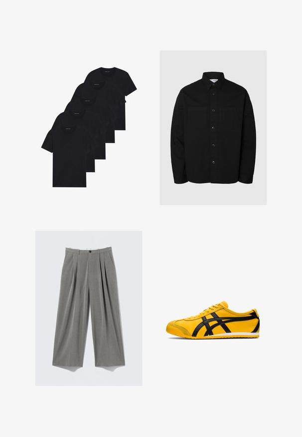 Camicia nera a maniche lunghe con bottoni, dotata di due tasche sul petto e colletto classico, esposta su uno sfondo chiaro e semplice.; Felpa nera con zip, tasca a marsupio, vestibilità oversize, tessuto morbido e cappuccio con coulisse. Dotata di una cerniera robusta e polsini a costine.; Confezione di cinque t-shirts nere a girocollo. Maniche corte, materiale in cotone, vestibilità standard. Texture liscia senza motivi o abbellimenti visibili.; Pantaloni da abito grigio a righe con gamba larga, pieghe frontali, passanti per cintura, tasche laterali e chiusura a bottone nera.; Scarpa da atletica gialla con accenti neri, texture in pelle liscia, design curvo, punta rotonda, suola piatta bianca e marchio prominente sul lato.