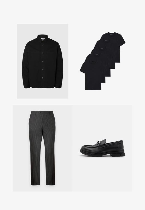 Crna košulja s dugim rukavima, na dugme, s dva džepa na prsima i klasičnom kragnom, prikazana na jednostavnoj svijetloj pozadini.; Pak od pet crnih majica s okruglim izrezom. Kratki rukavi, pamuk, standardni kroj. Glatka tekstura bez vidljivih uzoraka ili ukrasa.; Sive prugaste hlače od tkanine glatke teksture. Imaju prednje zatvaranje na dugme i ravne nogavice za krojeni fit.; Crne kožne mokasine s zaobljenim vrhom, dekorativnom trakom i hardverom, te masivnom teksturiranom potplatom. Glatka površina s suptilnim detaljima.