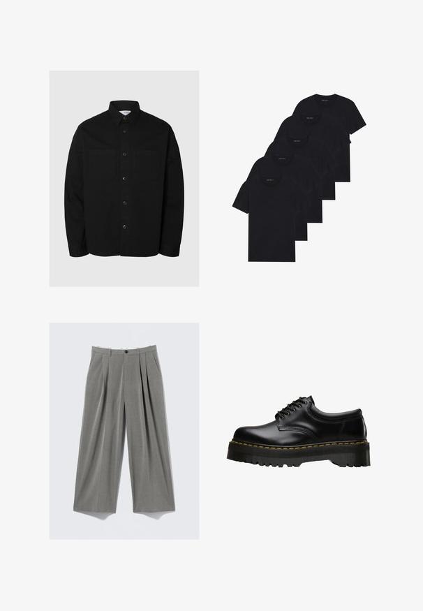 Schwarzes Langarm-Hemd mit Knopfleiste, zwei Brusttaschen und klassischem Kragen, vor einem schlichten hellen Hintergrund präsentiert.; Pack von fünf schwarzen Rundhals-T-Shirts. Kurze Ärmel, Baumwollmaterial, normale Passform. Glatte Textur ohne sichtbare Muster oder Verzierungen.; Grau gestreifte, weit geschnittene Anzughose mit vorderem Bundfalten, Gürtelschlaufen, Seitentaschen und einem schwarzen Knopfverschluss.; Schwarzer Leder-Schnürschuh mit einer dicken, gezahnten Gummisohle in Schwarz und gelben Nähten entlang der Kante, mit einer glatten Verarbeitung.