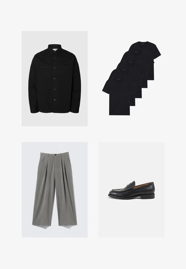 Sort langærmet skjorte med knapper, to brystlommer og klassisk krave, præsenteret mod en ensfarvet lys baggrund.; Pakke med fem sorte crew-neck T-shirts. Korte ærmer, lavet af bomuld, standart pasform. Glat tekstur uden synlige mønstre eller udsmykninger.; Grå pynte-stribet vide bukser med frontfolder, bæltestropper, sidelommer og en sort knaplukning.; Sorte læder loafers med en glat finish, rund tå og dekorativ syning på vampen. Lav stablet hæl og let glans.