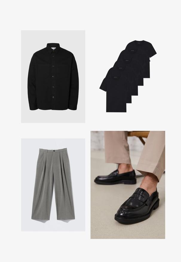 Black long-sleeve button-up shirt with two chest pockets and a classic collar, displayed against a plain light background.; Pack of five black crew-neck t-shirts. Short sleeves, cotton material, standard fit. Smooth texture with no visible patterns or embellishments.; Gray pinstripe wide-leg dress pants with front pleats, belt loops, side pockets, and a black button closure.; Black leather loafers with a smooth finish, featuring a decorative strap and contrast stitching, paired with beige trousers.