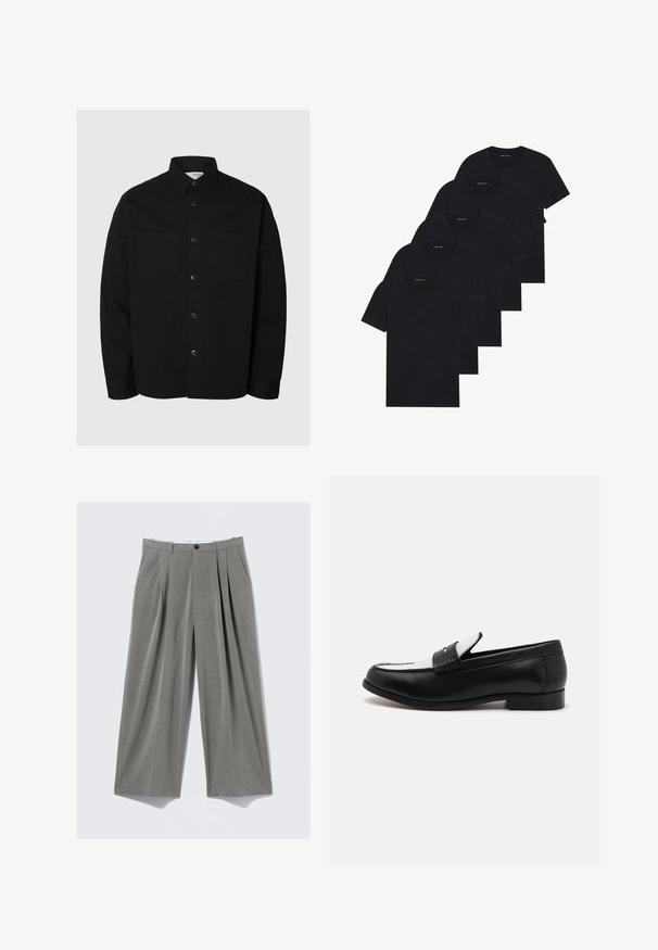 Zwarte langemouw blouse met knoopsluiting, voorzien van twee borstzakken en een klassieke kraag, weergegeven tegen een effen lichte achtergrond.; Zes zwarte t-shirts met ronde hals in een verpakking van vijf. Korte mouwen, van katoen, met een standaard pasvorm. Gladde textuur zonder zichtbare patronen of versieringen.; Grijze streepjesslips met wijde pijpen, met voorplooien, riemlussen, zijzakken en een zwarte knoopsluiting.; Zwarte lederen loafers met een contrasterend wit leren paneel en stiksels. Voorzien van een gladde afwerking en een lage hak.