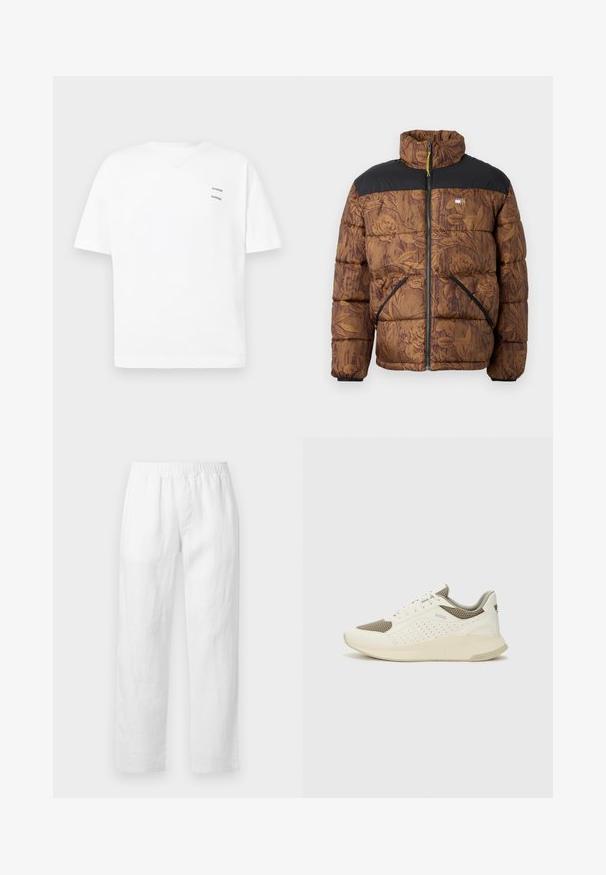Casaco puffer castanho com padrão floral, seção superior preta, colarinho alto, fecho dianteiro e dois bolsos laterais com acabamento preto.; T-shirt branca de algodão com um corte relaxado, mangas curtas e decote em V. Apresenta dois pequenos logótipos pretos impressos do lado esquerdo.; Calças de linho branco com cintura elástica, corte reto e textura suave, sem padrões visíveis ou detalhes de ferragens.; Sapatilha atlética branca e bege claro, com parte superior em malha, detalhes perfurados e uma entressola texturizada com marcação no calcanhar.
