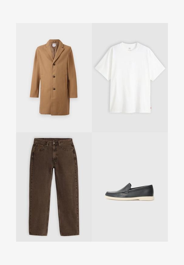 Camel brown men's wool blend single-breasted coat with three buttons, notch lapels, and side slip pockets, from GAP.; White short-sleeve t-shirt made of cotton with a crew neck. Features subtle embossed logo detail on the front and a red label at the hem.; Brown denim jeans with a straight cut, five pockets, front button closure, and minimal stitching detail. Soft texture with a matte finish.; Black leather slip-on loafers with a textured finish and a contrasting beige rubber sole. Features a subtle accent along the front.