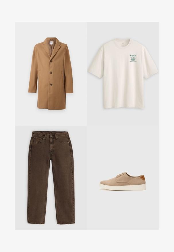 Kamelbrun herreullblandingsjakke med enkel knepping, tre knapper, klaffelapper og sidelommer fra GAP.; Hvit bomulls-T-skjorte med korte ermer, med en grønn Lev's-logo og tekst på venstre bryst. Avslappet passform, glatt tekstur.; Brune denim jeans med rett snitt, fem lommer, front knappelukking og minimal sømdetalj. Myk tekstur med matt finish.; Beige semskinnsko med rund tå, snøring foran og en teksturert bakre aksent. Hvit gummisåle gir kontrast. Enkelt og moderne design.