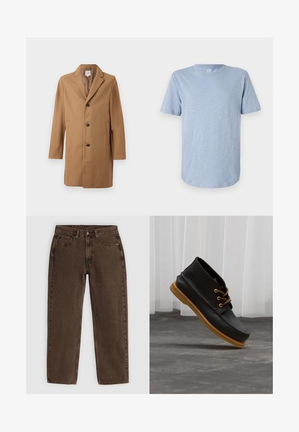 Kamelinės spalvos vyriškas vilnos mišinys vienos eigos paltas su trimis mygtukais, iškirptėmis atlapais ir šoninėmis kišenėmis, iš GAP.; Šviesiai mėlyna trumpomis rankovėmis marškinėliai, pagaminti iš minkštos medžiagos, su apvalia iškirpte ir tiesiu apvadu bei subtiliu tekstūriniu raštu.; Rudos džinsai, tiesaus kirpimo, su penkiomis kišenėmis, priekinio mygtuko uždarymu ir minimaliais siūlių detalėmis. Minkšta tekstūra su matinio paviršiaus apdaila.; Juodos odinės avalynės su lygiu paviršiumi, apvalia nosimi, ruda šnarelemis ir šviesiai rudais guminiais padais. Šone yra įspaustas logotipas.