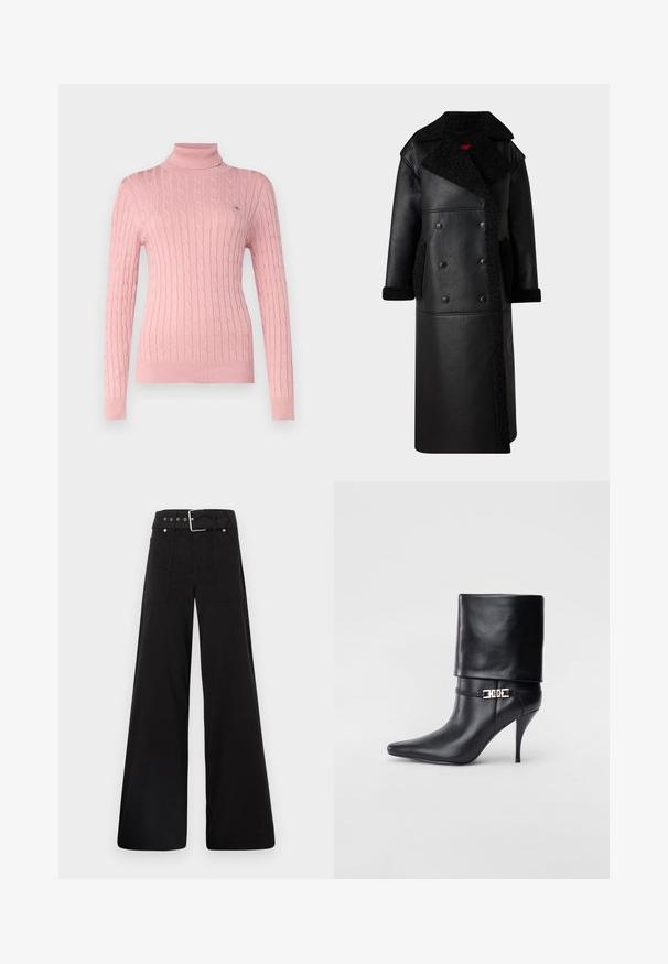 Melns ādas mētis ar dubultās pogas dizainu, vilnas akcentiem apkaklē un kabatās, garu garumu un teksturētu apdari.; GANT TURTLENECK - Džemperis - dusty pink; Melna platā kāju bikses, izgatavotas no kokvilnas, ar augstu jostasvietu, lieliem sānu kabatām un jostu ar sudraba detaļām.; Melnas ādas potīšu zābaki ar smailu purngalu, augstu stiletto papēdi, salocītu aproci un zeltītu dekoratīvu sprādzi uz potītes.