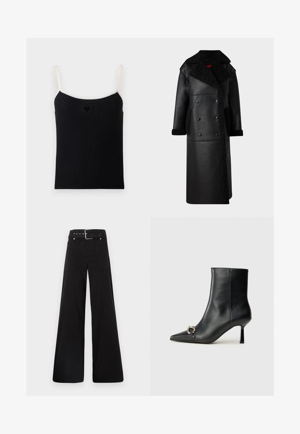 Palton din piele neagră cu un design cu dublă închidere, accente de blană naturală la guler și buzunare, lungime mare și finisaj texturat.; Top de rezervor negru cu dungi, cu bretele subțiri de cremă și o tăietură mică în formă de inimă în față. Textură moale, design ajustat și un stil minimalist.; Pantaloni negri cu croială largă, confecționați din bumbac, cu talie înaltă, buzunare laterale mari și talie prevăzută cu brâu cu accente din metal argintiu.; Botine negre din piele, cu vârf ascuțit, toc subțire de înălțime medie și detaliu cu cataramă argintie pe lateral, pe un fundal simplu.