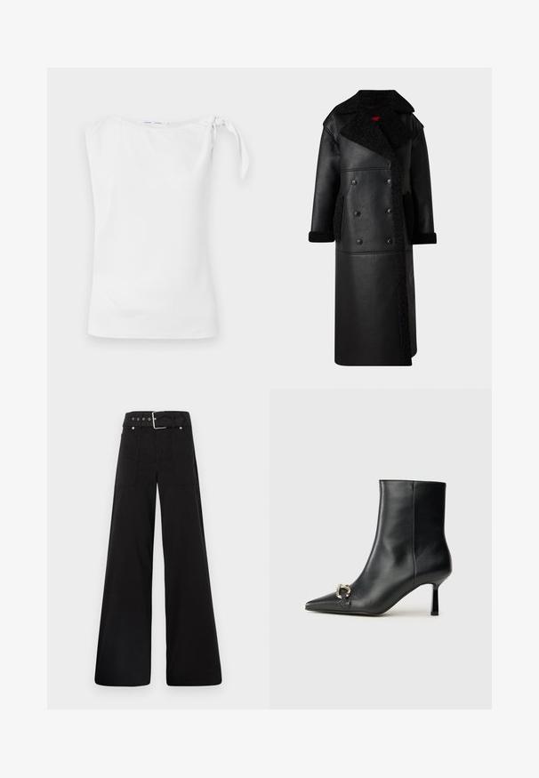 Čierny kožený kabát s dvojradovým zapínaním, ovčou kožušinou na golieri a vreckách, dlhá dĺžka a štruktúrovaný povrch.; Biely top bez rukávov s asymetrickým dekoltom a viazaním na ľavom ramene, vyrobený z hladkej, ľahkej textílie.; Čierne nohavice so širokými nohavicami vyrobené z bavlny, s vysokým pásom, veľkými bočnými vreckami a opaskom s prackou so striebornými detailmi.; Čierna kožená členková obuv s špicatou špičkou, štíhlým stredne vysokým podpätkom a striebornou sponou na boku na jednoduchom pozadí.