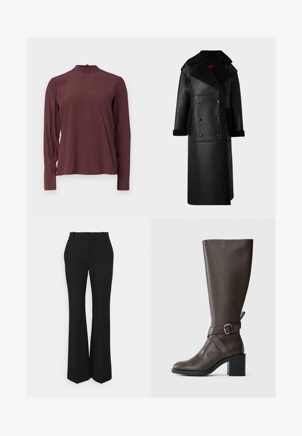 Black leather coat featuring a double-breasted design, shearling accents on the collar and pockets, long length, and textured finish.; Burgundy long-sleeve blouse with a high neckline, subtle sheen, and button closure at the back. Smooth fabric and fitted sleeves.; Black pleated trousers with a straight-leg design, made from a smooth fabric. Features a high waist and invisible side pockets.; Dark brown knee-high leather boot with a medium block heel and a decorative strap with silver buckle around the ankle.