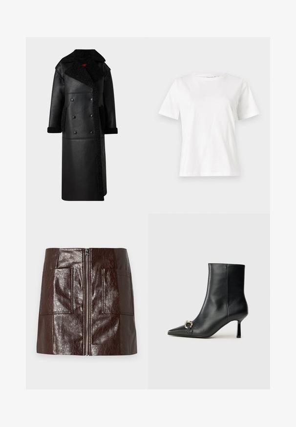 Palton din piele neagră cu un design cu dublă închidere, accente de blană naturală la guler și buzunare, lungime mare și finisaj texturat.; Tricou alb din bumbac cu mâneci scurte, guler rotund și o croială relaxată. Textură netedă, fără imprimeuri sau accente, design minimalist.; Fustă mini din piele sintetică maro, cu un fermoar frontal, două buzunare mari în față și o textură netedă, lucioasă.; Botine negre din piele, cu vârf ascuțit, toc subțire de înălțime medie și detaliu cu cataramă argintie pe lateral, pe un fundal simplu.