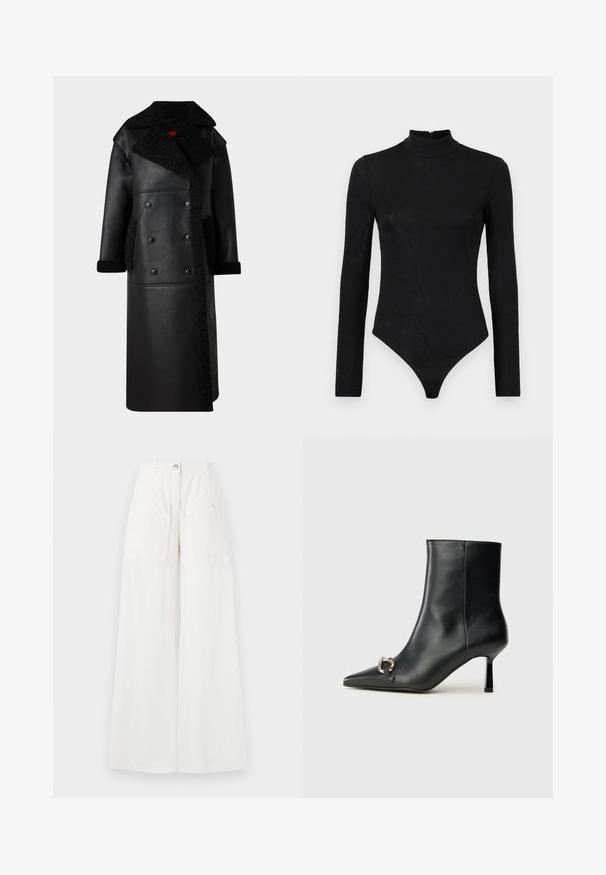 Fekete bőrdzseki, dupla gombolású dizájnnal, shearling részletekkel a galléron és a zsebeknél, hosszú fazonnal és textúrált felülettel.; Fekete, hosszú ujjas body magas nyakkal és diszkrét textúrával. Hátul cipzárral és tanga alsórésszel rendelkezik.; Fehér vászon, széles szárú nadrág, magas derékkal, nagy első zsebekkel és egy gombos záródással. Puha tapintás, laza szabás.; Fekete bőr bokacsizma hegyes orral, vékony közép magasságú sarokkal és ezüst csattal az oldalon, sima háttér előtt.