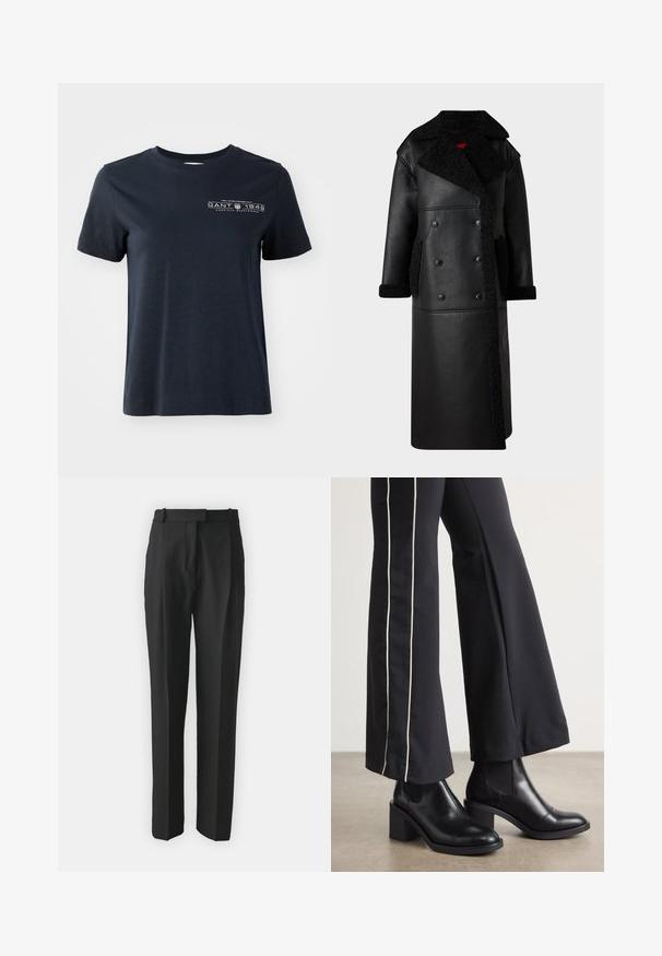 Čierny kožený kabát s dvojradovým zapínaním, ovčou kožušinou na golieri a vreckách, dlhá dĺžka a štruktúrovaný povrch.; Námornícky modré bavlnené tričko s krátkymi rukávmi, okrúhlym výstrihom a predným logo dizajnom obsahujúcim text a dekoratívne prvky.; Čierne nohavice na mieru vyrobené z ľahkej tkaniny, so strmým strihom, plochým predným dielom a pútkami na opasok. Hladká textúra bez viditeľných vzorov.; Čierne kožené členkové topánky s blokovým podpätkom, vybavené elastickými bočnými panelmi. Skombinované s čiernymi nohavicami, ktoré majú biely bočný pruh.