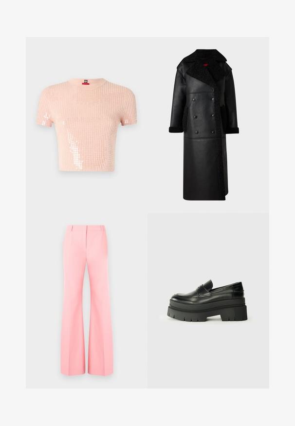 Musthave nahkajope, millel on topeltkitkedes disain, karvasest kaeluse ja taskute dekoratsioonid, pikk pikkus ning tekstureeritud viimistlus.; Heled roosa soonikute struktuuriga lühikeste varrukatega topp, millel on ühel küljel sädelevad aktsendid ja ümar kaelus. Pehme tekstuur ja lühike disain.; Roosa laia säärega püksid, millel on rästi disain, tasane eesmine osa ja korralikult pressitud kortsud. Siledast kangast ja kõrge vöökoht.; Mustad mustrennistest nahast mokad, millel on paks platvormi tald. Ümar varvas, eesmine õmblusdetail ja peened õmblemisaktsendid. Lame, tekstureeritud välistald.