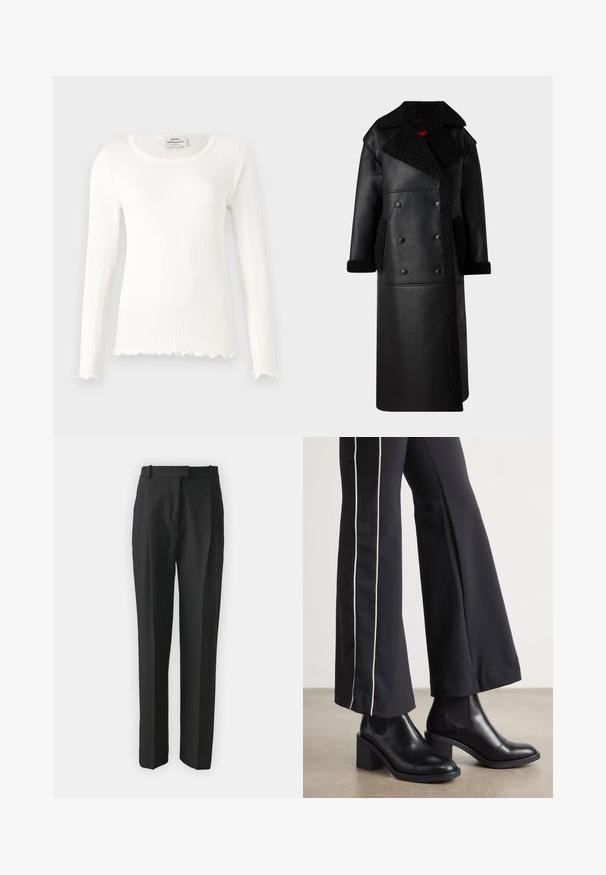 Černý kožený kabát s dvojitým zapínáním, ovčí vlnou na límci a kapsách, dlouhý střih a texturovaný povrch.; Bílé žebrované triko s dlouhým rukávem, kulatým výstřihem a vlnitým lemem. Vyrobeno z měkké tkaniny s přiléhavým střihem. Viditelná značka.; Černé kalhoty na míru vyrobené z lehkého materiálu, s rovnými nohavicemi, plochým předním dílem a poutek na opasek. Hladký povrch bez viditelných vzorů.; Černé kožené kotníkové boty na blokovém podpatku, s elastickými bočními panely. V kombinaci s černými kalhotami, které mají bílý boční pruh.