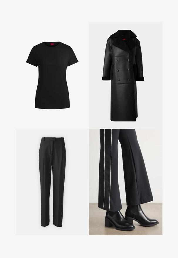 Melns ādas mētis ar dubultās pogas dizainu, vilnas akcentiem apkaklē un kabatās, garu garumu un teksturētu apdari.; Melnas kokvilnas t-krekls ar īsām rullējošām piedurknēm, apaļu kakla izgriezumu un sarkanu etiķeti. Gluda tekstūra, pieguļošs siluets ar minimālu dizainu.; Melnas pielāgotas bikses, izgatavotas no viegla auduma, ar taisnu griezumu, plakanu fronti un jostām. Gluda tekstūra bez redzamām rakstām.; Melnas ādas potīšu zābaki ar blokveida papēdi, aprīkoti ar elastīgām sānu paneļiem. Kombinēti ar melniem biksēm, kuru sānos ir baltas svītras.