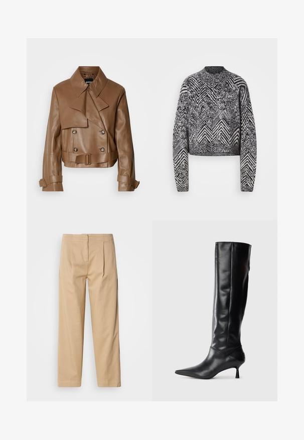 Brun läderkort jacka med en bred krage, dubbelknäppta knappar och ett bälte, uppvisad mot en helt vit bakgrund.; Kort stickad tröja i svart och vitt med ett chevronmönster, har långa ärmar och rund nacke. Strukturerad stickad tyg.; Beige bomullbyxor med avslappnad passform, som har två framveck, raka ben och en klassisk knäppning i midjan.; Svart läderknähigh boot med spetsig tå och smal, böjd klack. Slät textur, åtsittande design och ingen synlig hårdvara eller mönster.