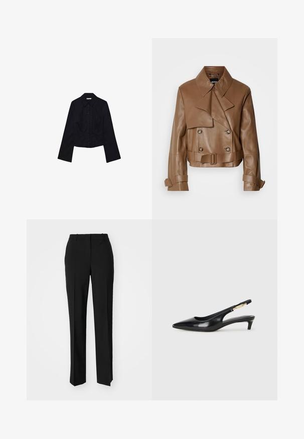 Smeđi kožnjati skraćeni sako sa širokim ovratnikom, dvostrukim dugmadi i remenom, prikazan na jednostavnoj bijeloj pozadini.; Crna skraćena košulja dugih rukava, s ovratnikom i kopčanjem sprijeda. Napravljena od glatkog materijala, s prilagođenim dizajnom i minimalnim detaljima.; Crne krojene hlače ravnog kroja, s glatkom teksturom i oštrim pregibima naprijed. Bez vidljivih metalnih dijelova.; Crne kožne sandale s petom, s izduženim vrhom, imaju usku petu i zlatni akcent na podesivoj traci. Glatka tekstura.